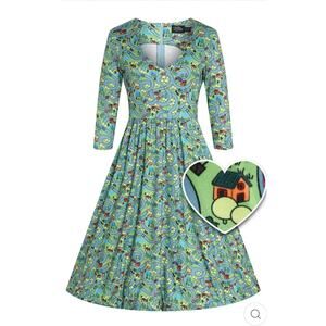 Dolly and Dotty Unique Vintage Billie Green Car Race Track Midi Flared Dress 10